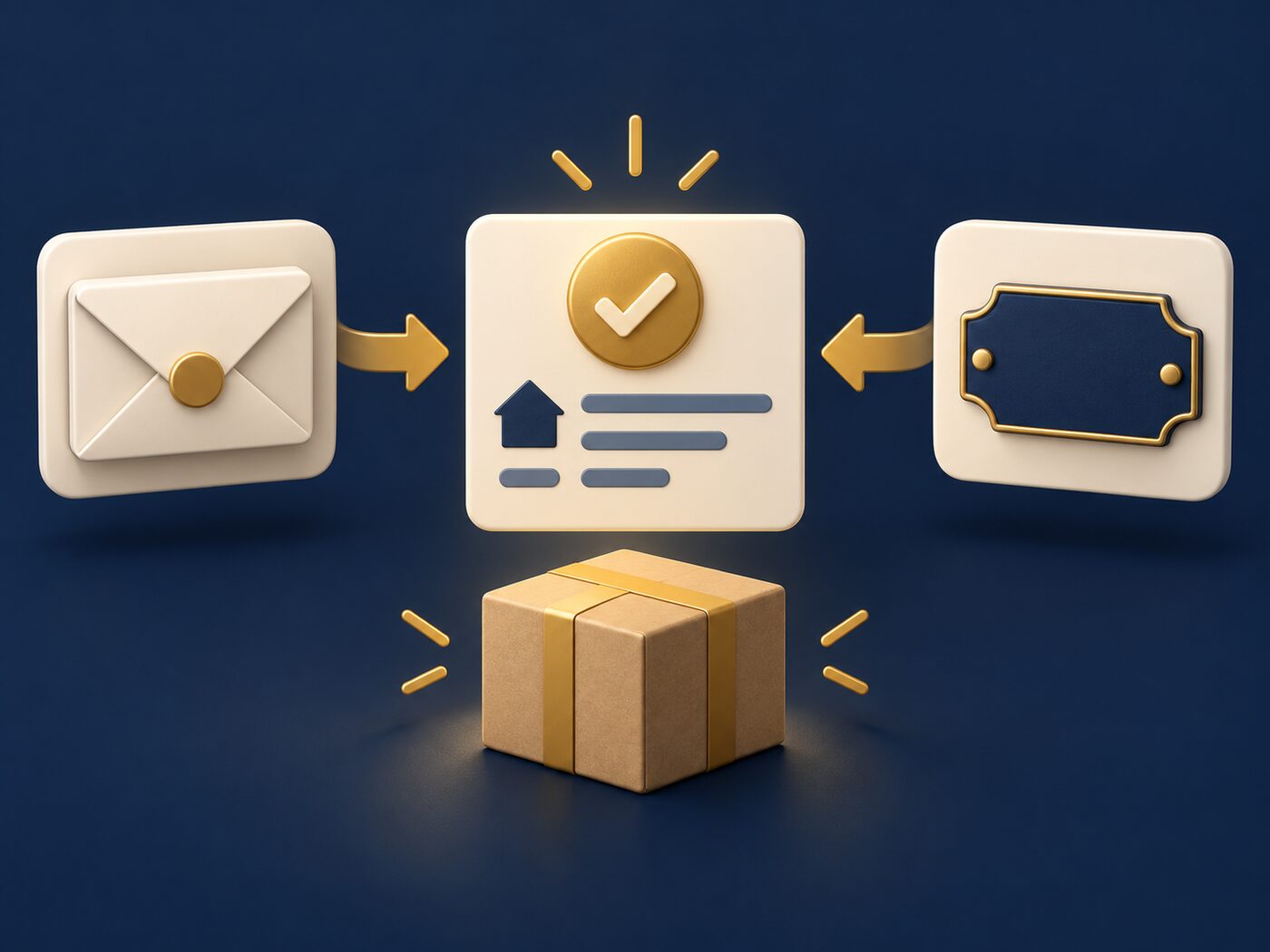 A mail envelope on the left and a house-number sign on the right, with gold arrows pointing to a checked address card in the middle and a cardboard box below