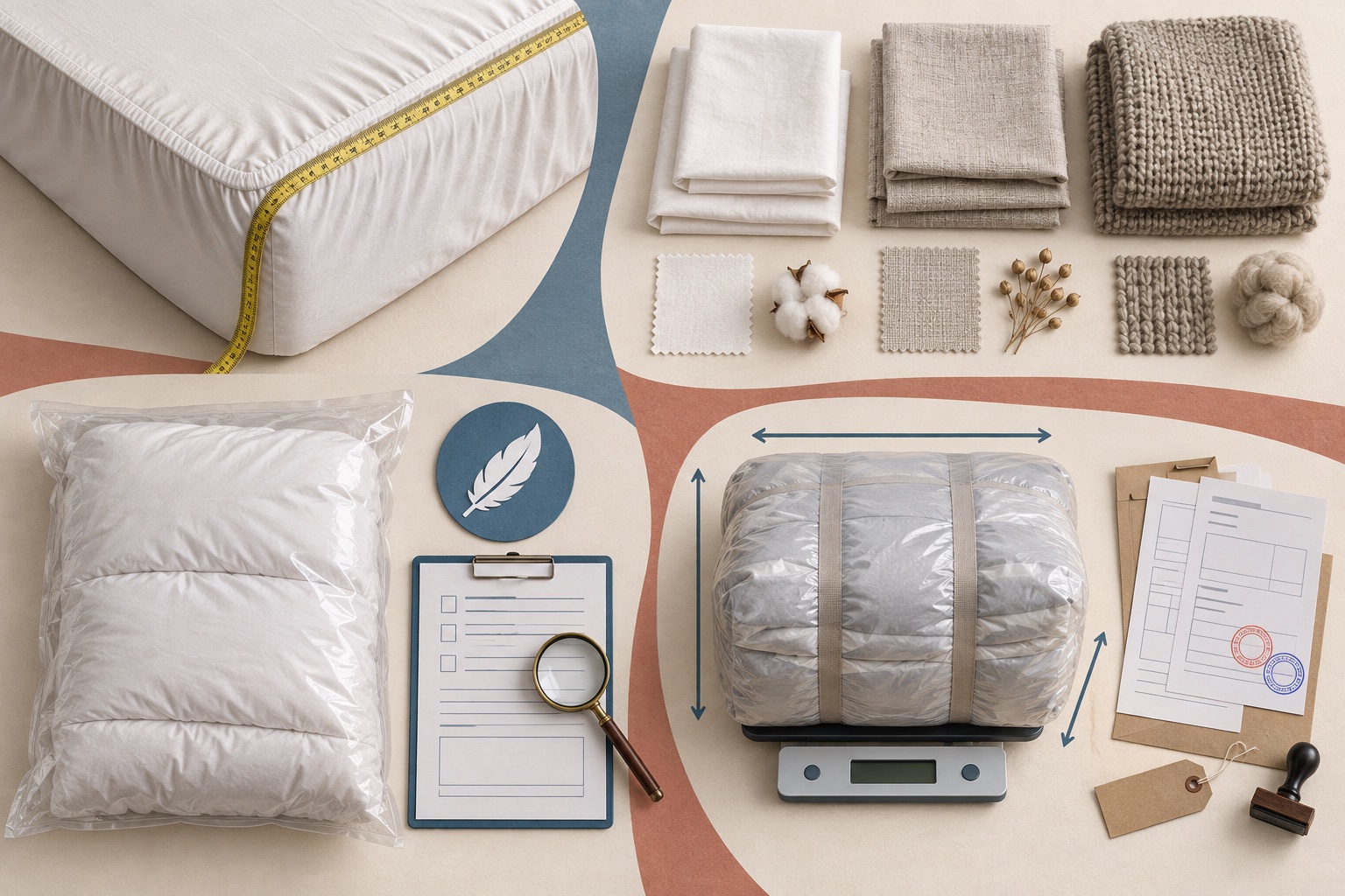 Illustration of mattress dimensions, cotton, linen, wool and down materials, inspection documents and volumetric parcels for bedding shipped to Taiwan