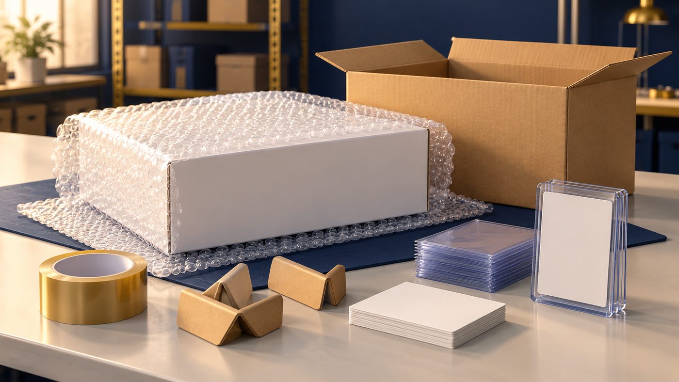 Ilustración de cajas vacías envueltas en plástico de burbujas, cajas de cartón, protectores de esquinas, fundas y fundas rígidas para cartas colocadas juntas sobre una mesa