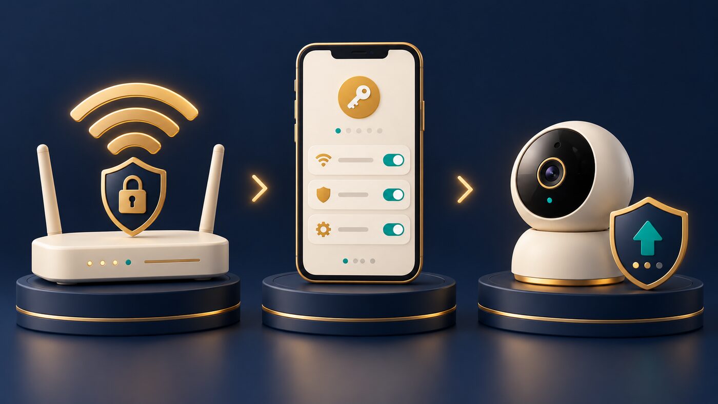 Three dark-blue display stands in a row from left to right: on the left a wireless router with a Wi-Fi signal and a padlock shield above it; in the middle a phone whose screen shows a key icon and three switched-on settings toggles; on the right a dome-shaped baby camera with a shield beside it showing an upward arrow, representing a firmware update