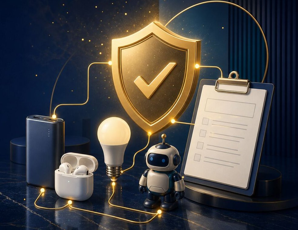 Illustration, in der Powerbank, Bluetooth-Kopfhörer, Glühbirne und Spielzeugroboter durch Lichtlinien mit einem Schild und einer Checkliste verbunden sind