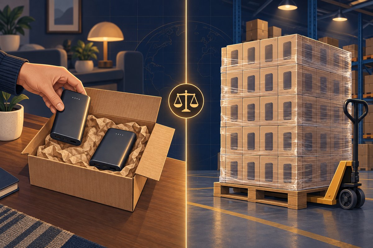 Links öffnet eine Person einen Karton und entnimmt zwei Powerbanks, rechts steht dieselbe Ware komplett auf einer eingeschweißten Palette, in der Mitte trennt eine Waage die beiden Seiten