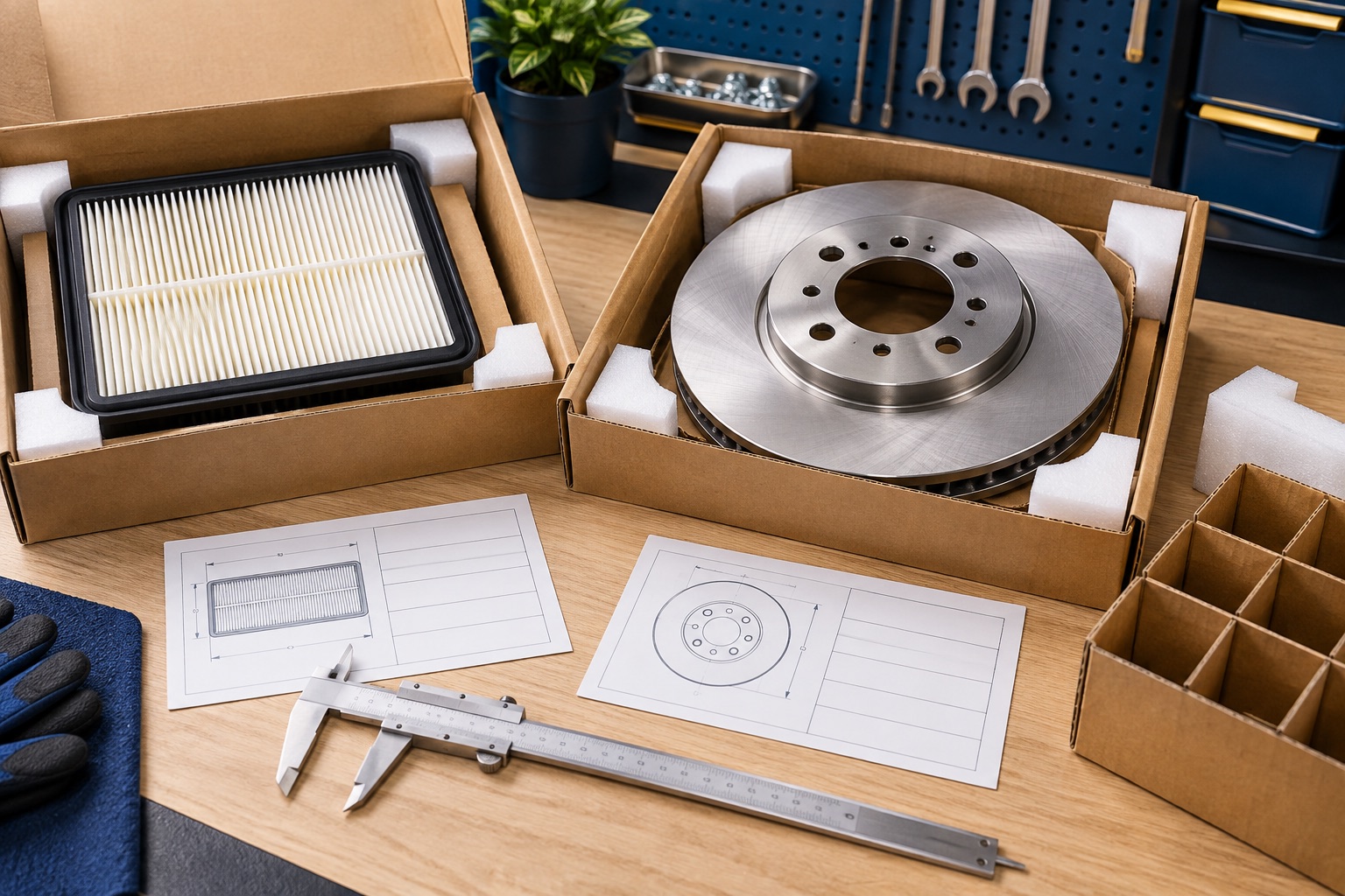 Illustration of car parts with separated protective packaging