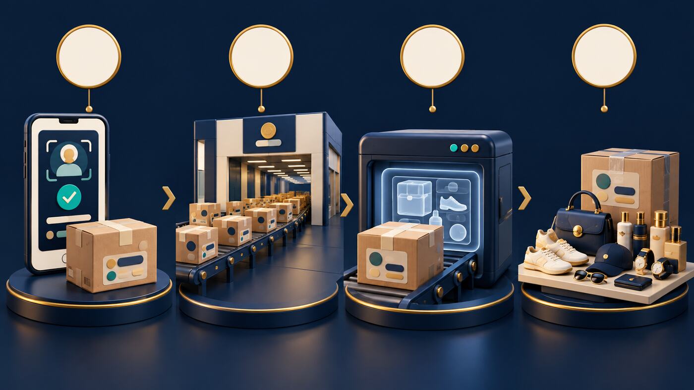 Four stages from left to right: 1 a phone screen showing a real-name verification check mark, next to a cardboard parcel; 2 many cardboard parcels pouring into a customs hall on a conveyor belt; 3 a parcel passing through an X-ray machine, with the screen showing outlines of the items inside; 4 seized bags, sneakers, perfume and watches on a table, with sealed evidence boxes behind