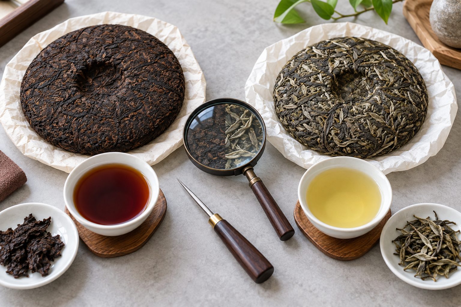熟普洱茶餅與生普洱茶餅及其茶湯並排的教學示意