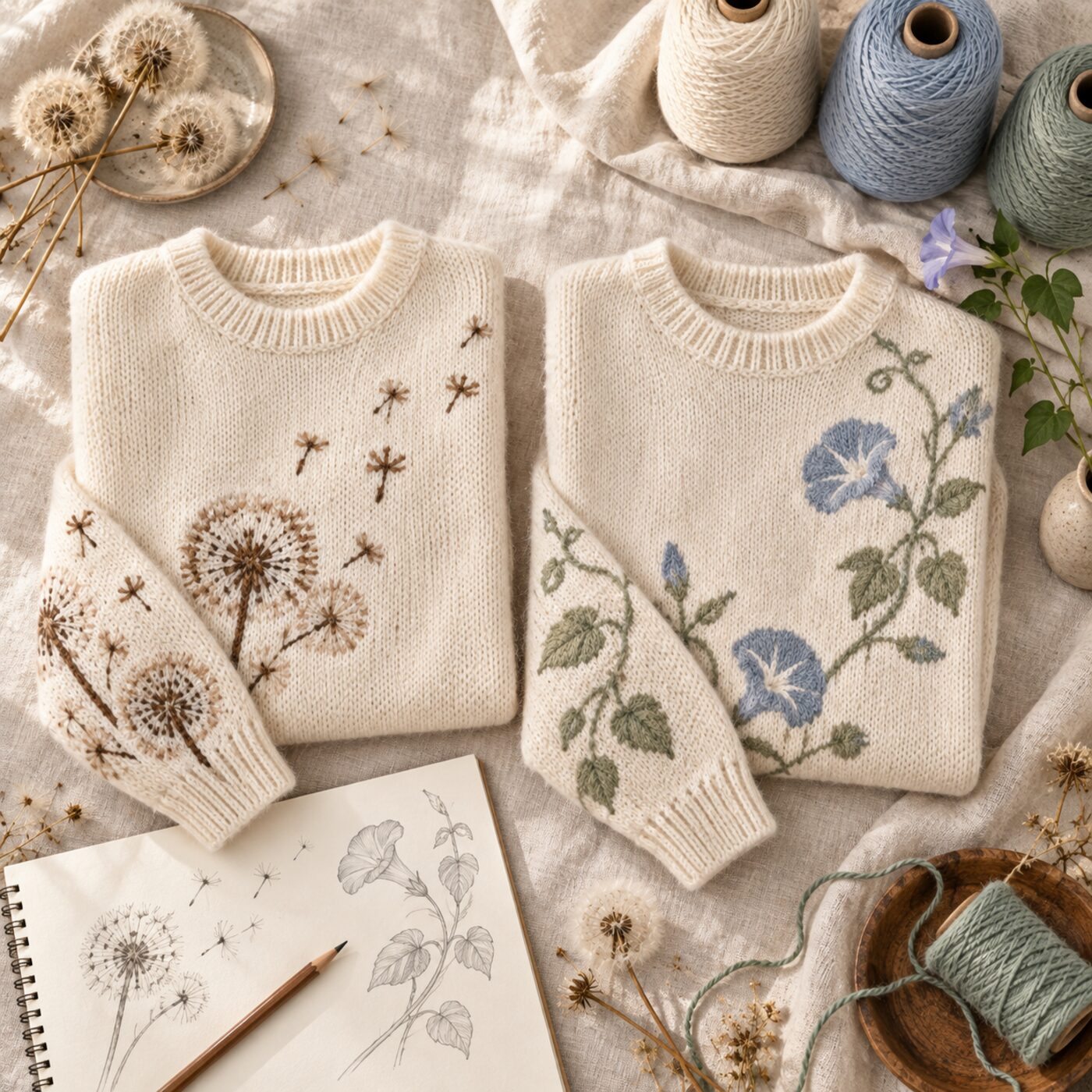 เสื้อไหมพรมสีขาวข้าวโอ๊ตพับวางเคียงกันสองตัว ตัวซ้ายลาย jacquard ดอกแดนดิไลออนสีน้ำตาล ตัวขวาลายดอกผักบุ้งฝรั่งสีฟ้าหม่นกับเถาสีเขียว ข้าง ๆ มีดอกแดนดิไลออนแห้ง กิ่งผักบุ้งฝรั่ง เส้นด้าย และภาพร่างการออกแบบ