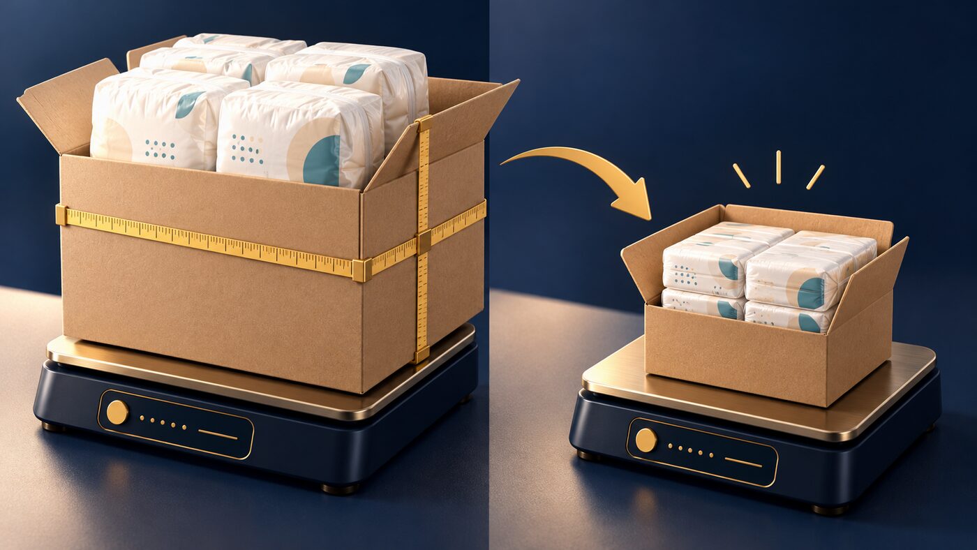 Links ein großer Karton auf einer Digitalwaage mit sechs Packungen Windeln und freiem Raum darüber, außen ein Maßband; ein Pfeil zeigt nach rechts auf einen kleineren Karton, ebenfalls auf einer Waage, in dem die Windeln dicht gepackt sind