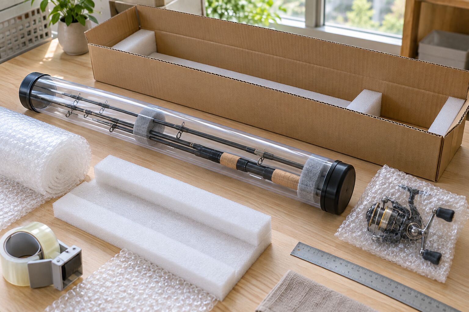 Illustration d’emballage : canne à pêche dans un tube rigide, moulinet enveloppé de papier bulle