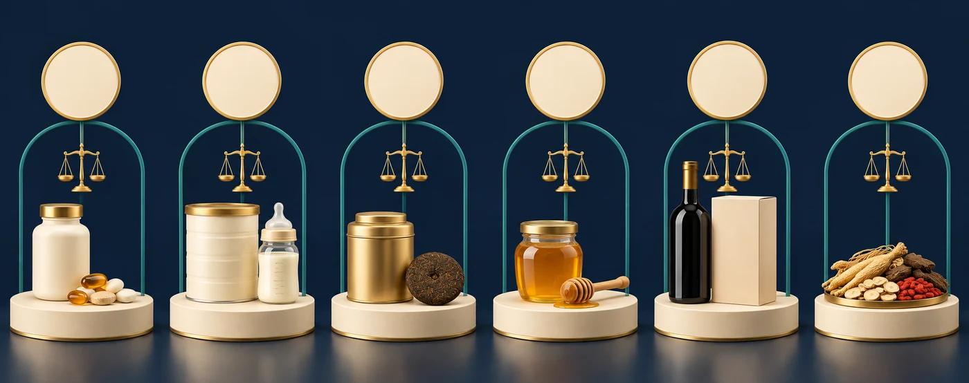 Illustration: 6 food categories whose quantity limits and import rules must be checked first: Health Supplements and Nutritional Supplements; Infant and Young Child Food; Tea (check MW0/MP1 by tariff code); Honey and Royal Jelly; Alcohol and Tobacco Products; Traditional Chinese Medicinal Ingredients