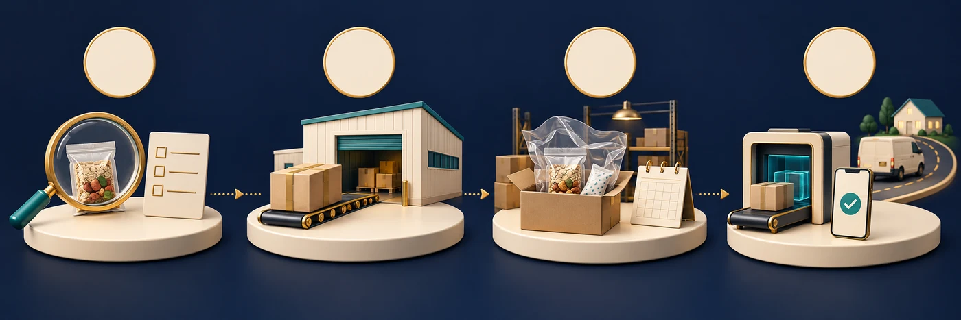 Illustration: 4 steps for shipping food: Confirm Whether the Item Can Be Shipped Before Ordering; Enter the Consolidation Warehouse Address When Ordering; Notify Customer Service That the Shipment Contains “Food” Before It Reaches the Warehouse; Customs Clearance + Delivery