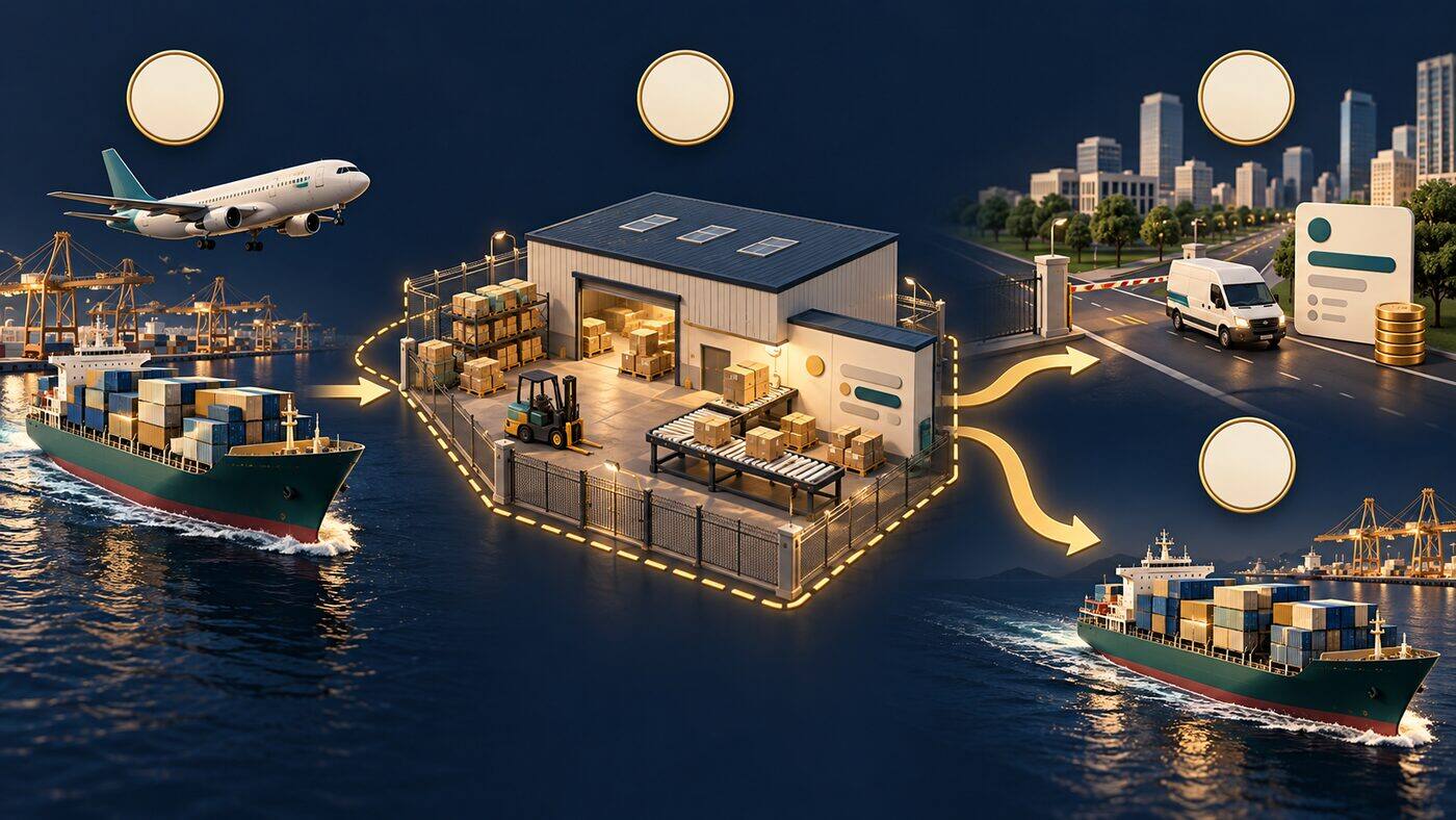 Vier Stufen von links nach rechts: 1 Frachtschiff und Frachtflugzeug kommen aus Übersee an; 2 ein von einer goldenen gestrichelten Linie umrandetes Lager im Zollaussetzungsgebiet, auf dem Arbeitstisch werden Kartons umgepackt; 3 die obere Route führt durch ein Tor in die Stadt, daneben eine Steuerbescheid-Karte und Münzen; 4 auf der unteren Route verlässt ein Frachtschiff den Hafen in Richtung Übersee