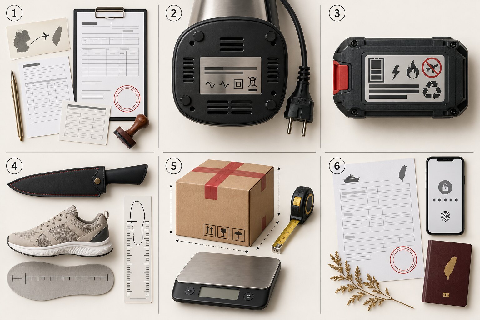 Illustration of VAT documents, 230V appliances, lithium batteries, kitchen knives and parcel dimensions for goods shipped from Germany to Taiwan
