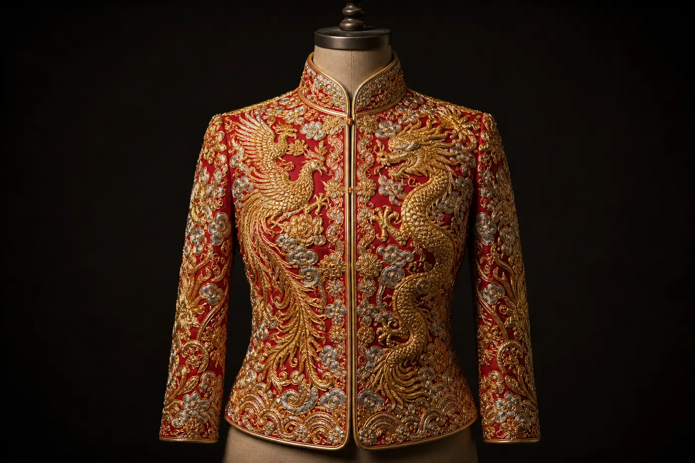 龍鳳褂近景：對襟窄袖的褂衣以金銀線滿繡鳳凰紋樣，幾乎不見底布，側光下可見刺繡的立體浮雕感