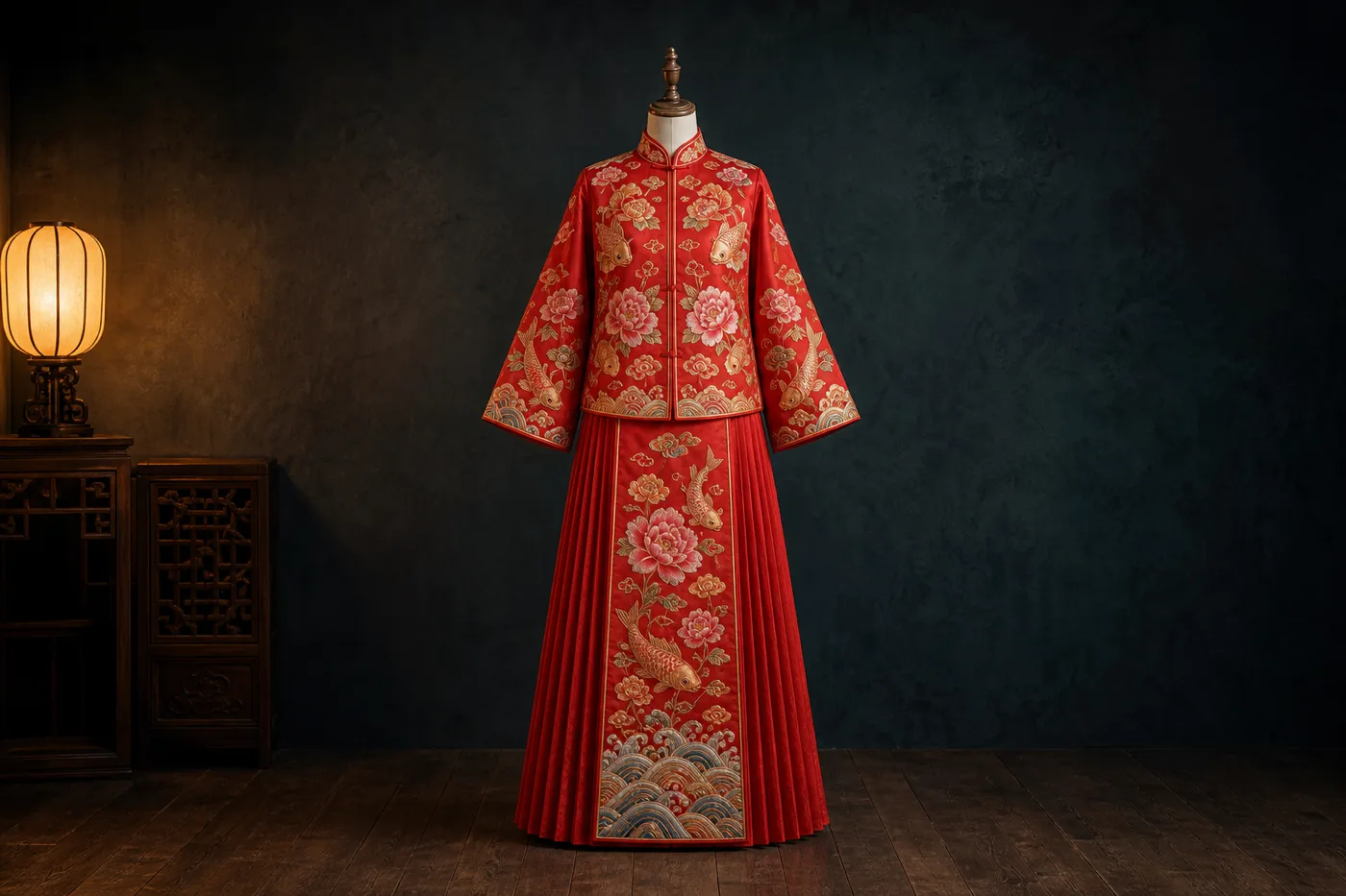 深色工作室裡的人台展示紅色秀禾服：立領對襟上襖穿在馬面裙之外，繡有牡丹、錦鯉與海水紋，可見馬面裙中央的長方形平面裙門