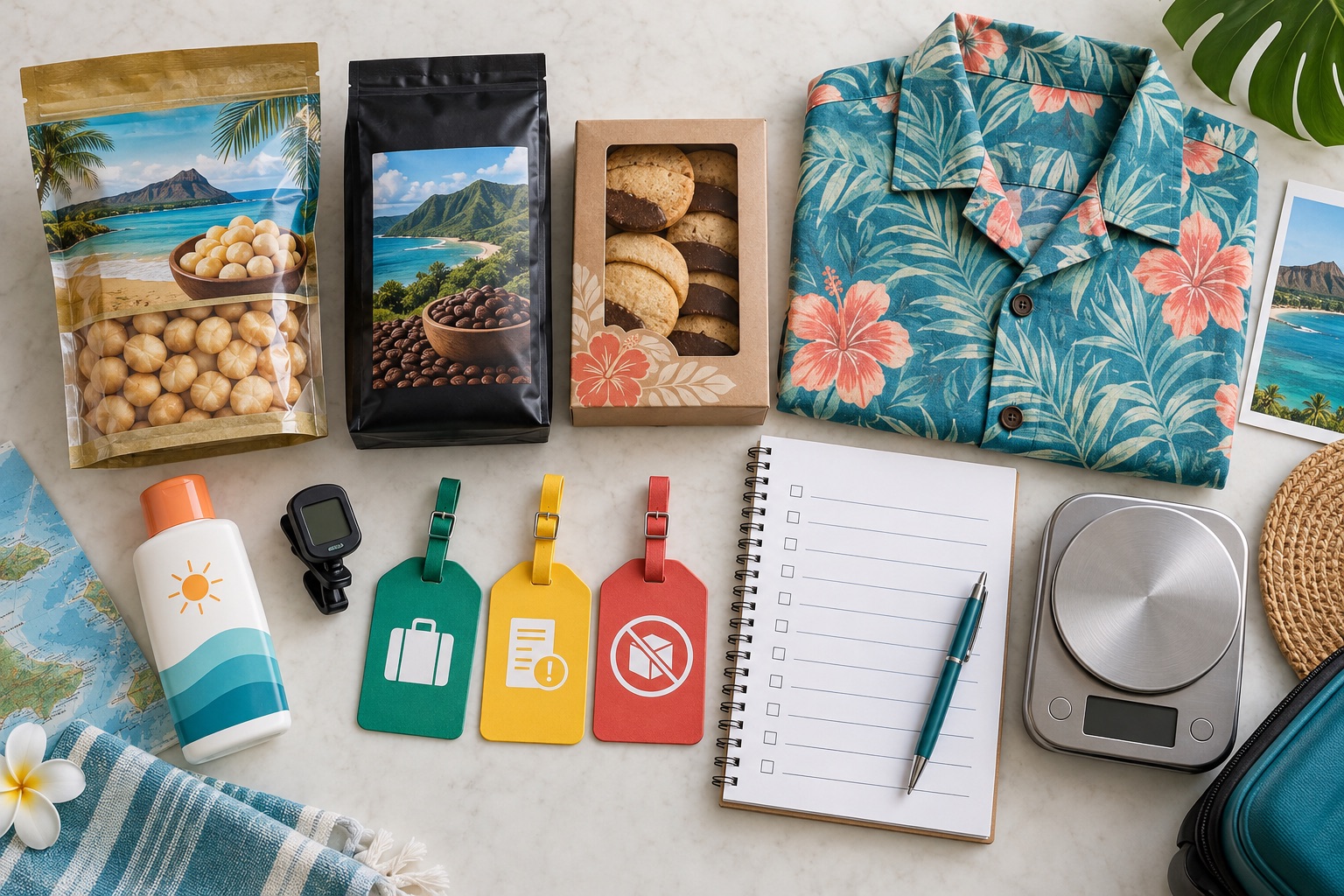 Illustration of shipping categories for sealed Hawaiian nuts, coffee, cookies, Aloha Shirt clothing and musical-instrument accessories