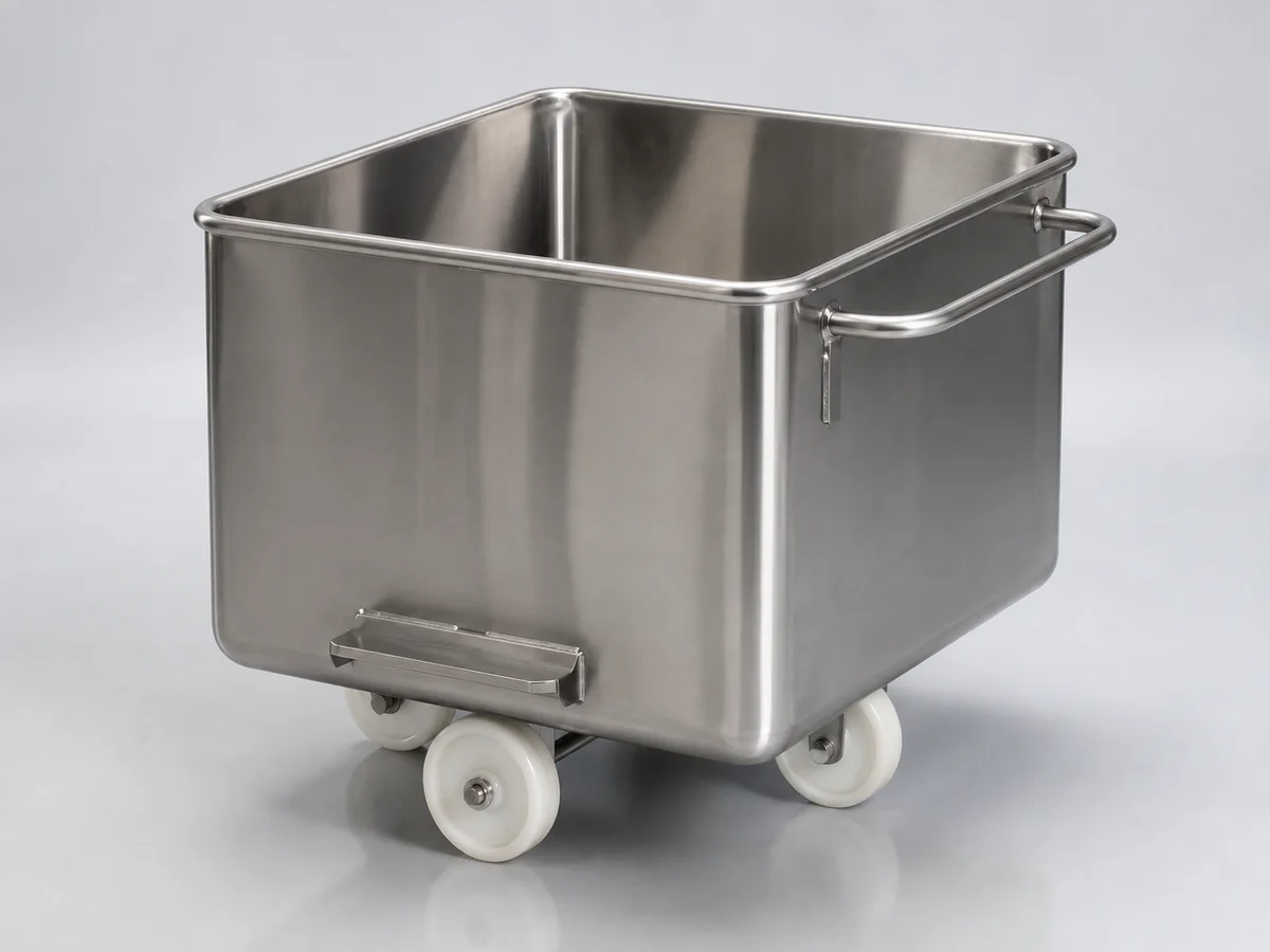 Photo professionnelle du produit du camion-nacelle à viande en acier inoxydable de 200 litres, montrant le corps du godet carré ouvert, les poignées double face et la structure à quatre roues