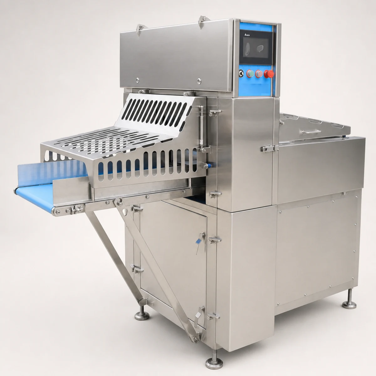 Machine à trancher la viande congelée à quatre rouleaux, corps en acier inoxydable, bande transporteuse et panneau de commande tactile, HCD-455
