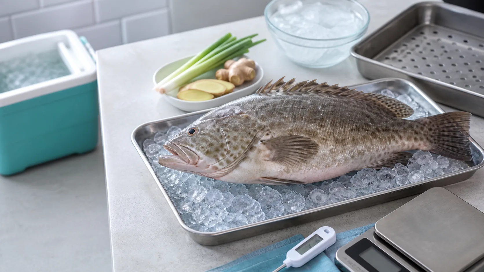 石斑魚冷鏈驗收與家庭測溫烹調的食安情境示意