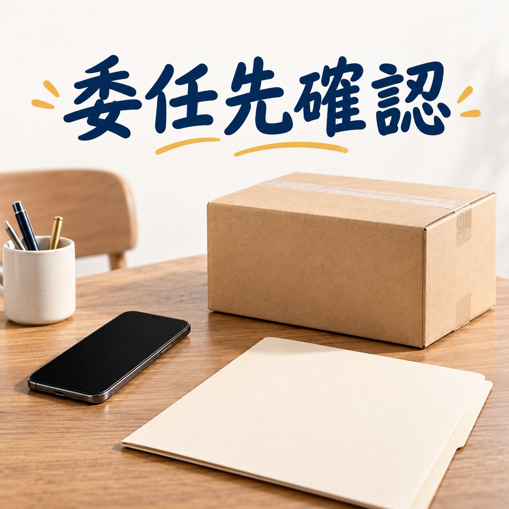 委任先確認：全黑螢幕的手機、封好的素面紙箱與空白文件夾放在桌上，示意收到通知先核對委任資料再申報