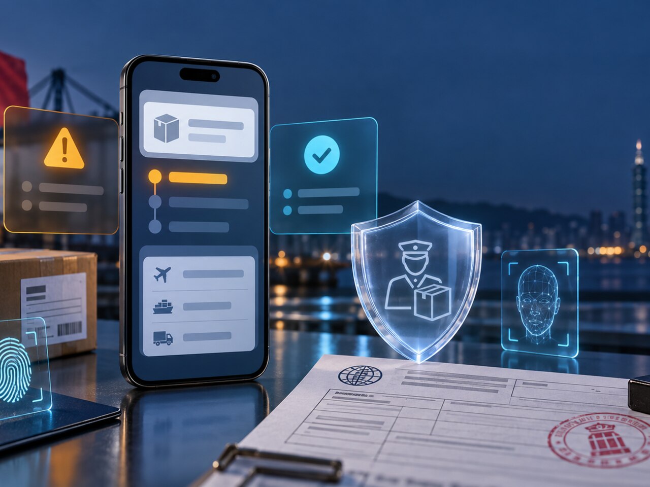Generierte Darstellung einer Zollmeldung auf dem Smartphone mit Warn-, Ablehnungs- und Bestätigungsschritten