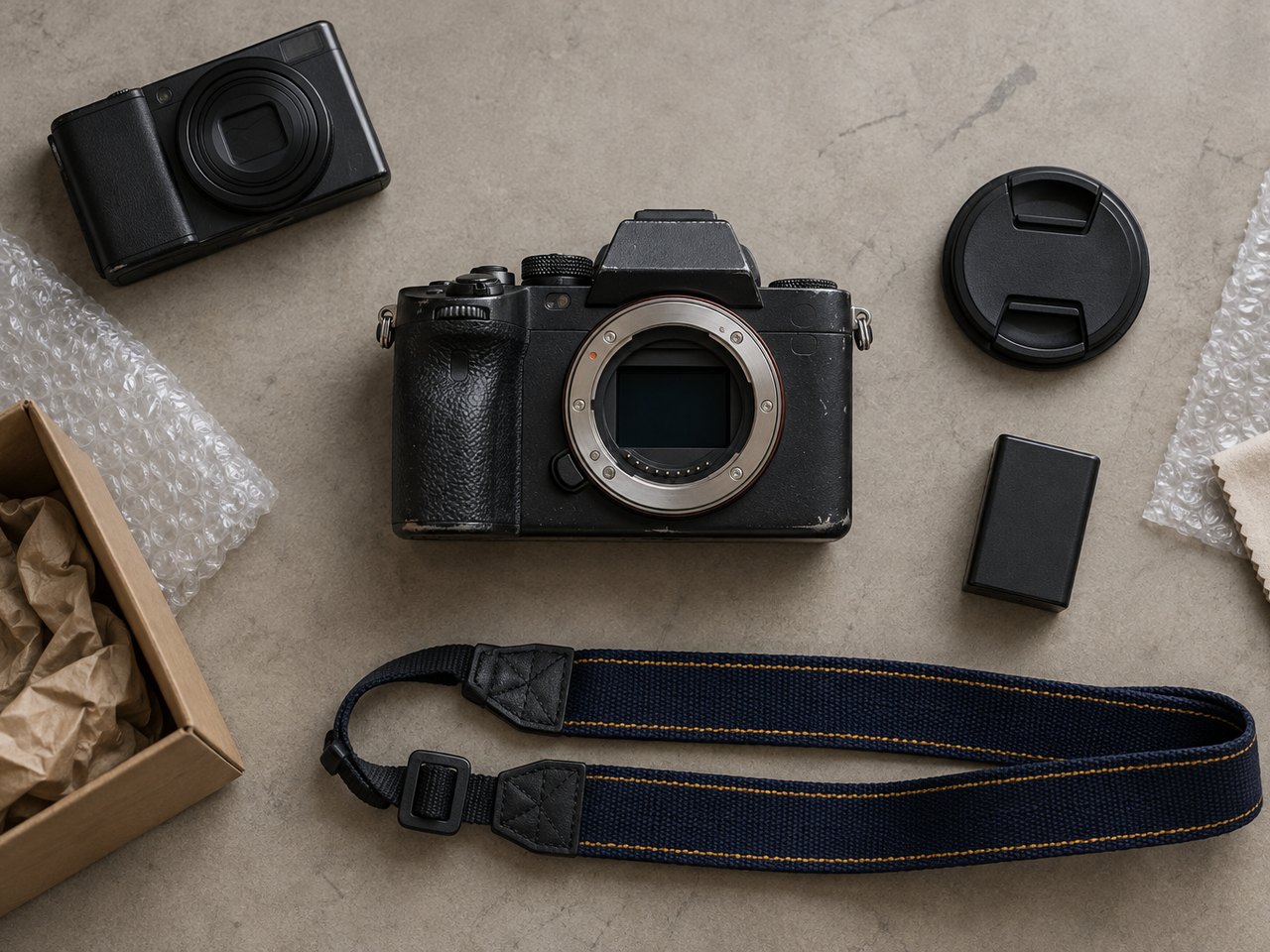 Overhead view of a used camera body, lens cap, strap, battery and bubble wrap on a warehouse inspection table, with a small camera for taking photos beside them