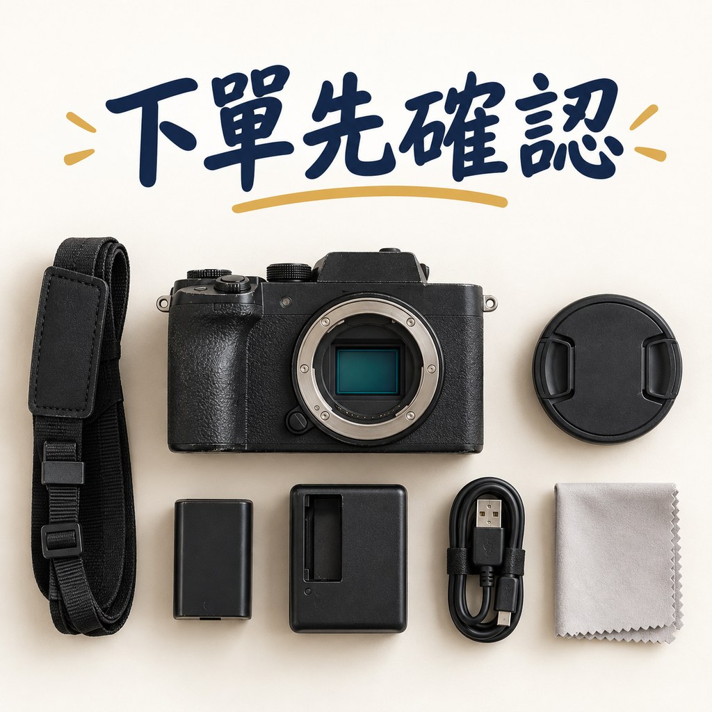 下單先確認：二手相機機身、鏡頭蓋、背帶、電池、充電器與配件平鋪，示意買前核對外觀與件數