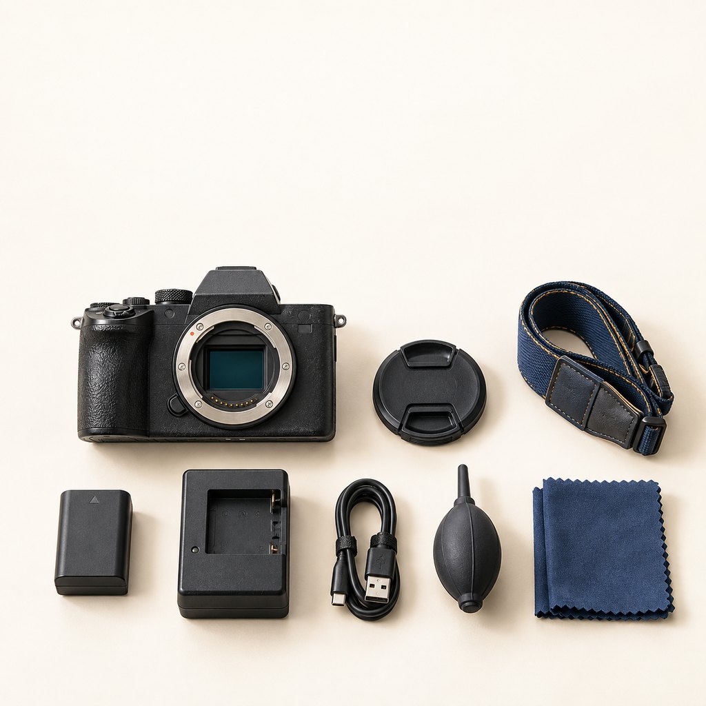 Check before ordering: used camera body, lens cap, strap, battery, charger and accessories laid out to illustrate checking appearance and quantities before purchase