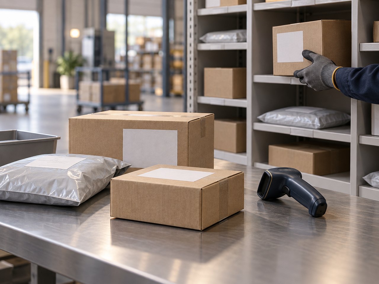 Newly arrived courier parcels, a handheld barcode scanner and shelving being organized at a warehouse receiving counter, illustrating scanning and account matching on arrival