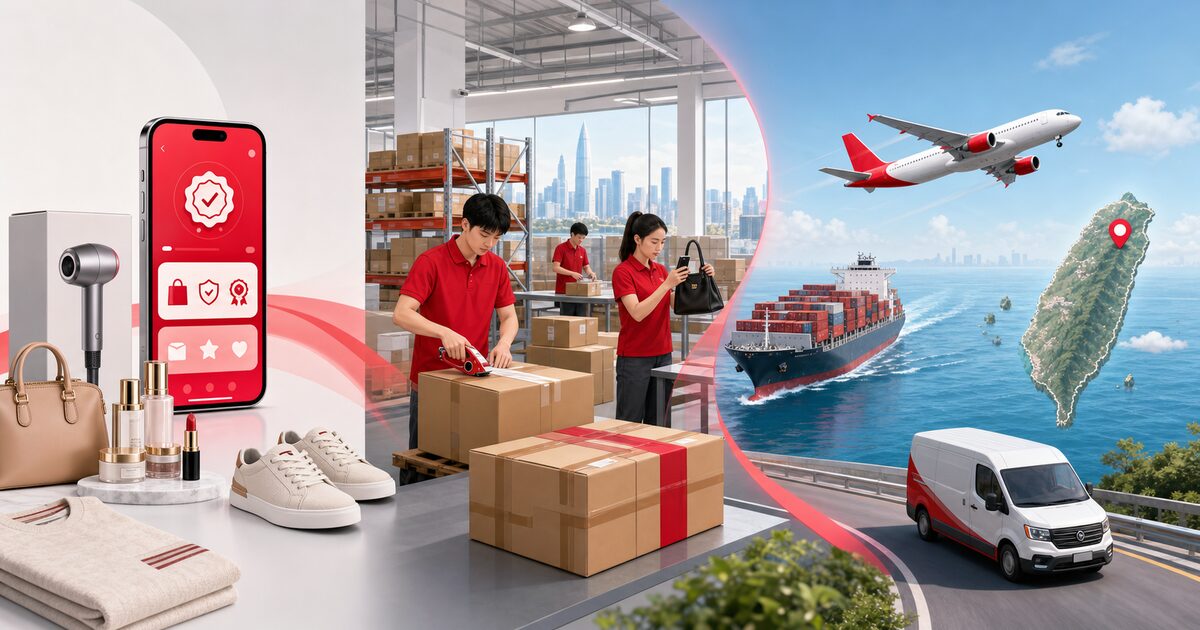 天貓 Tmall 品牌旗艦店正品經好運器深圳倉合併、海運／空運集運寄回台灣示意