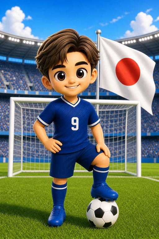 上田綺世 Q 版全身照，包含足球與日本國旗