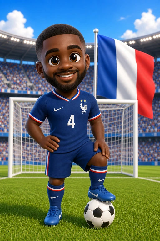 烏帕梅卡諾 Q 版全身照，包含足球與法國國旗