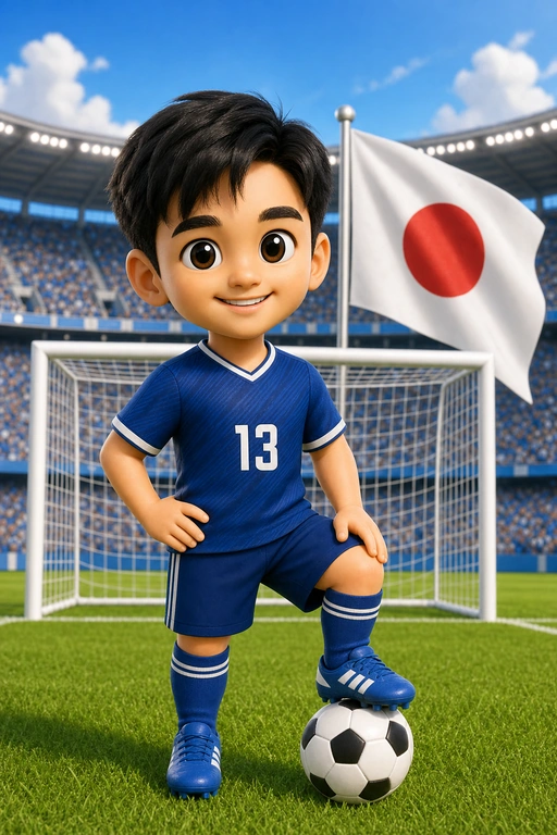 久保建英 Q 版全身照，包含足球與日本國旗