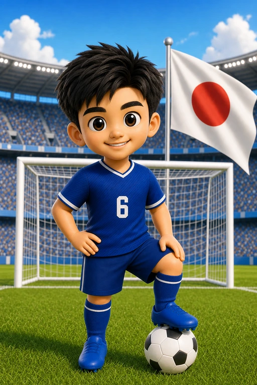 富安健洋 Q 版全身照，包含足球與日本國旗