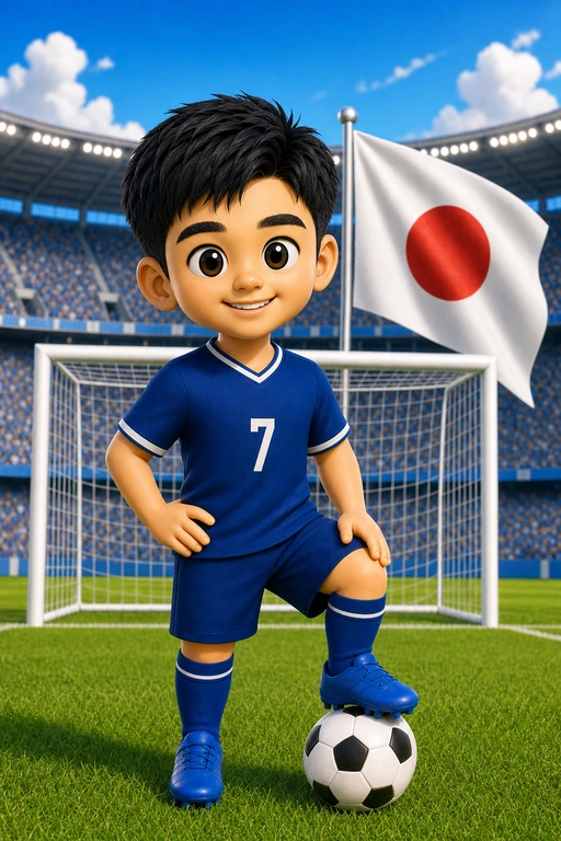 遠藤航 Q 版全身照，包含足球與日本國旗