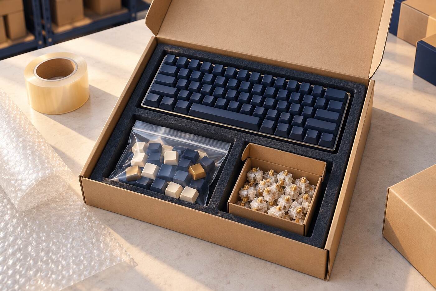 Schemazeichnung: mechanische Tastatur, Keycap-Set und Schalterbox in einem Karton mit Schaumstoffeinsätzen