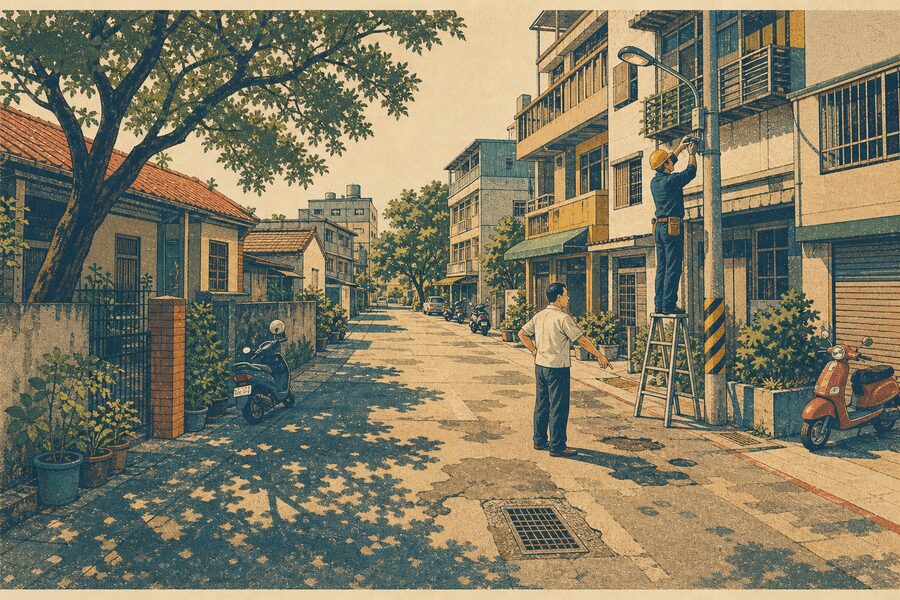 插畫：傍晚的巷弄，維修人員在修理路燈，居民指著路面的坑洞