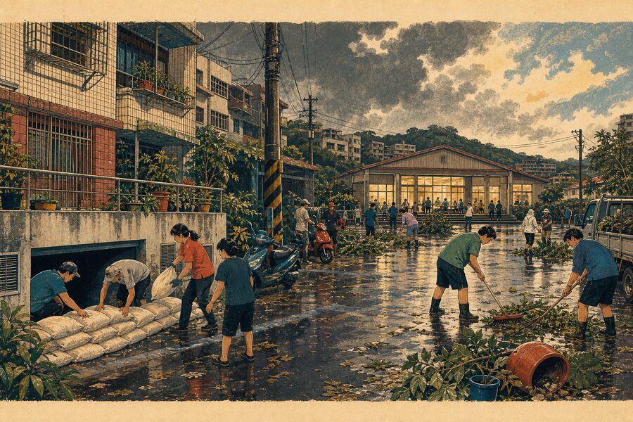 插畫：颱風過後的社區，居民合力堆沙包、清理落葉，後方活動中心亮著燈作為收容處所