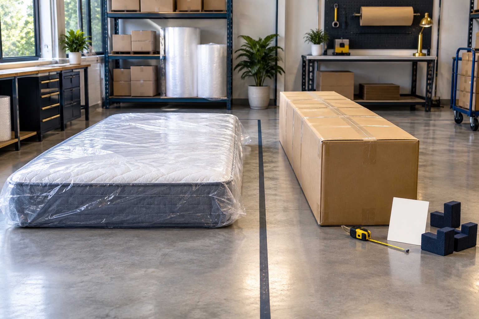 Illustration d’un matelas entier protégé et d’un matelas emballé en boîte en usine