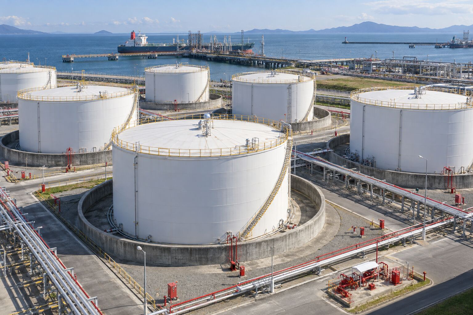 港區儲油槽、防溢堤與消防管線的示意圖