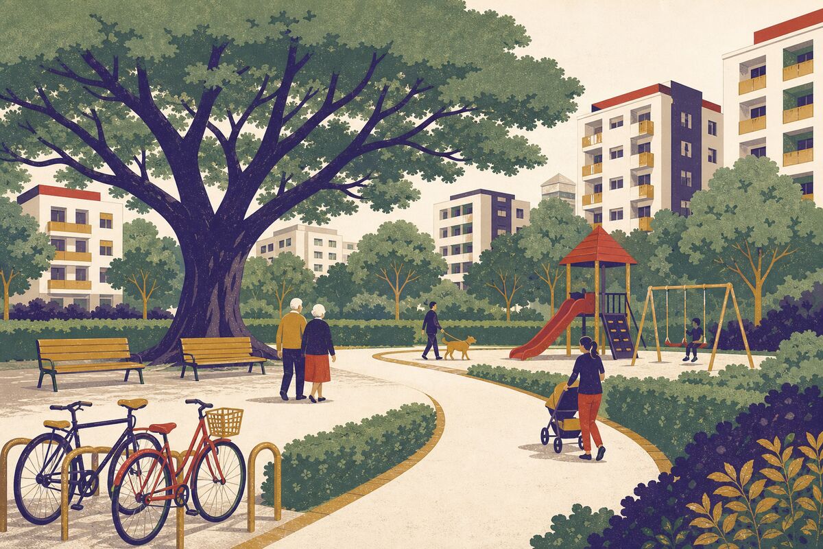插畫示意：重劃區的公園綠地是先於建物規劃的