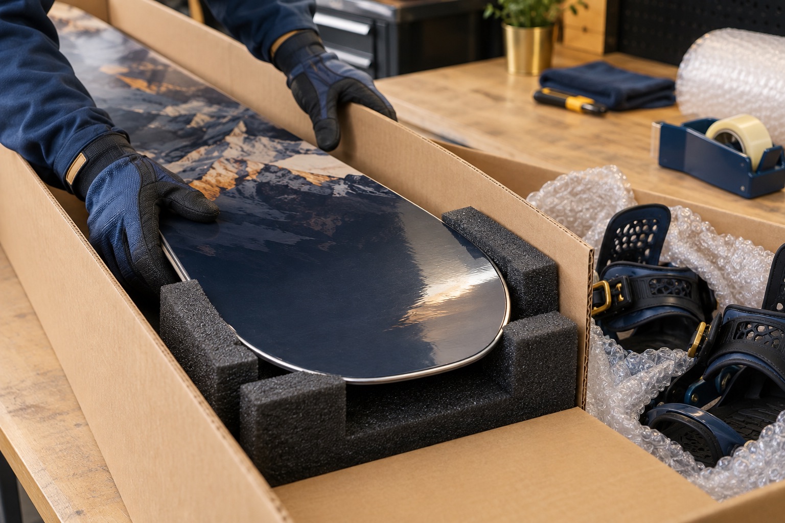 Illustration of a snowboard, skis and boots on a packing bench being prepared for international shipping