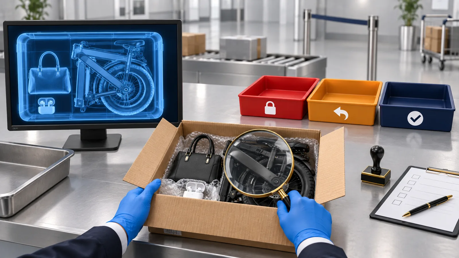 5 Common Customs Handling Scenarios：Tray colours: red = detained, orange = returned, blue = released — three common outcomes after inspection