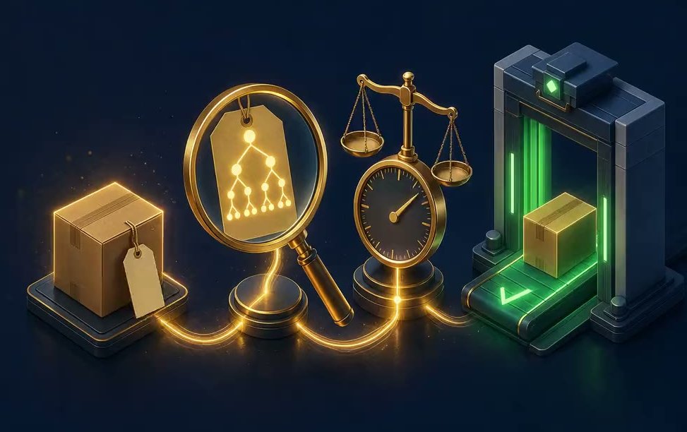 Illustration eines Ablaufs, bei dem ein Warenetikett auf einem Karton mit einer Lupe mit dem Klassifikationsbaum abgeglichen, anschließend gewogen und bewertet wird und schließlich die Zollkontrolle passiert