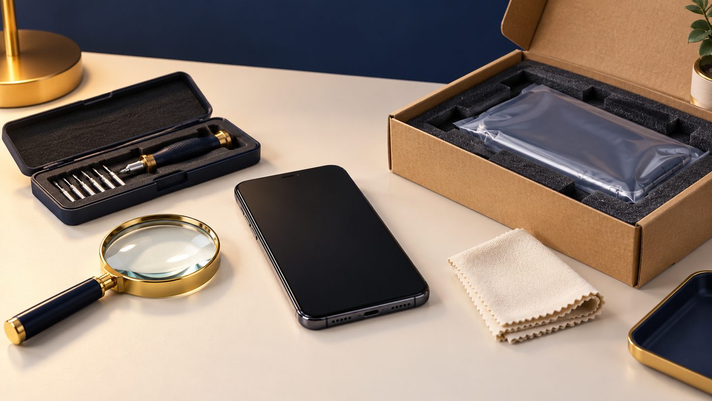 Schéma d’un smartphone éteint, d’une loupe, d’un jeu de tournevis et d’un carton garni de mousse disposés côte à côte sur une table
