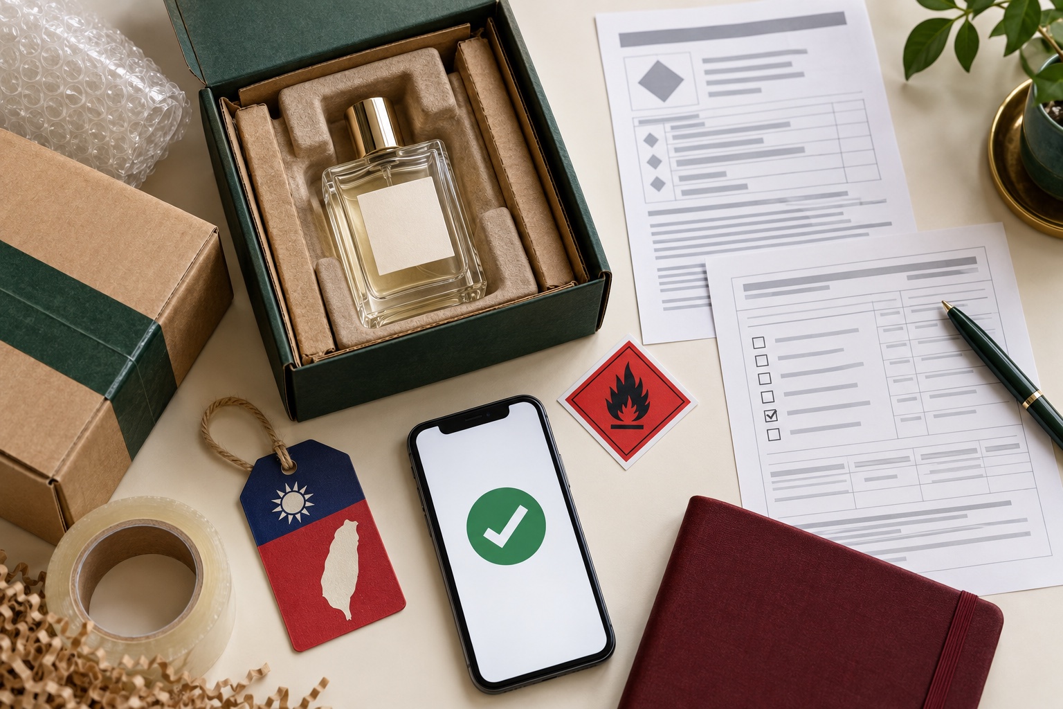 Illustration des vérifications concernant le parfum alcoolisé, les documents d’exportation, l’emballage et la déclaration en douane pour un envoi du Royaume-Uni à Taïwan