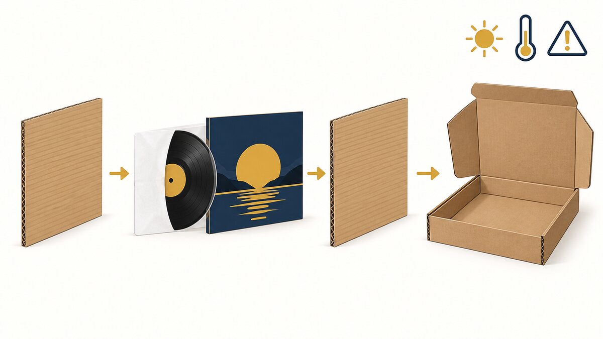 Un disque vinyle rangé dans sa sous-pochette, séparé de sa pochette, pris entre deux cartons rigides puis placé dans un carton carré spécial disques, à côté d'un pictogramme d'avertissement de chaleur