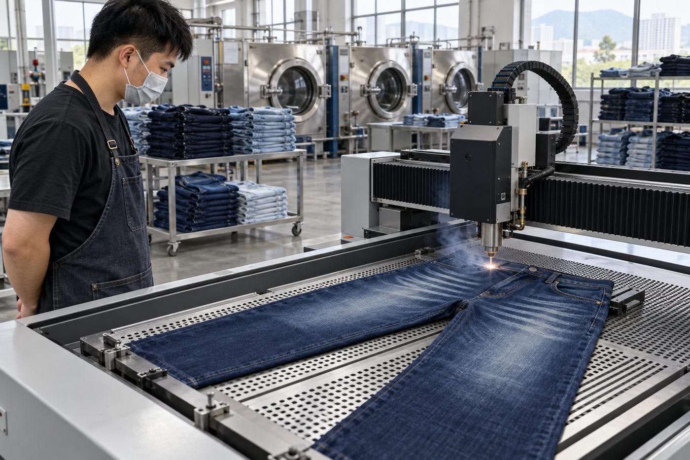 Técnico de máscara ao lado de uma máquina de laser finishing que marca whiskers claros na coxa de um jeans azul-escuro; ao fundo, máquinas de lavar de aço inoxidável e jeans de várias cores empilhados