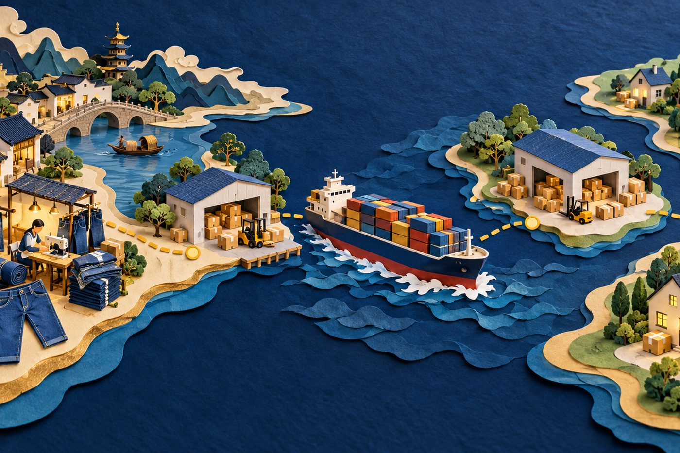 Mapa em estilo de papel recortado: à esquerda, numa cidade à beira do rio, pessoas costuram jeans entre rolos de tecido índigo; à direita seguem um armazém, um navio cargueiro no mar, um armazém numa ilha e, por fim, várias casinhas com pacotes à porta