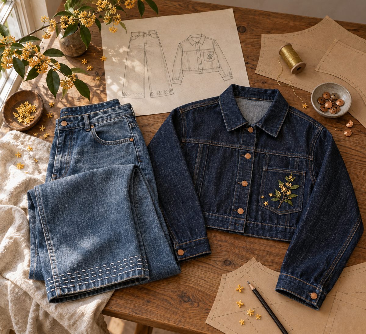 Sobre uma mesa de madeira, lado a lado, uma calça larga azul médio com pesponto branco à mão na barra e uma jaqueta jeans cropped azul-escura com osmanthus bordado no bolso do peito; ao lado, ramos de osmanthus, moldes em papel kraft, linha de bordar dourada, botões de cobre e dois croquis dos modelos