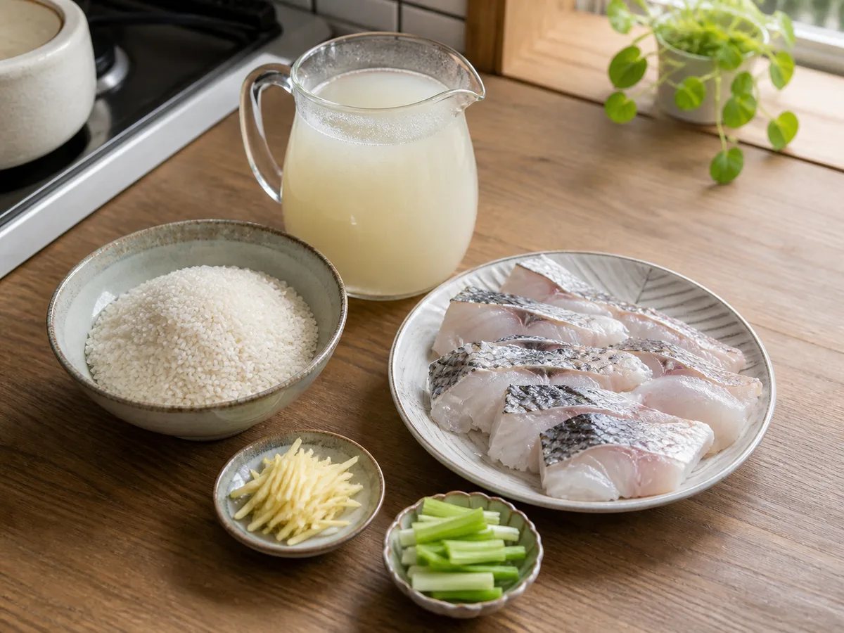 白米、魚骨高湯、龍虎斑魚片、薑絲與芹菜備料 AI 示意圖